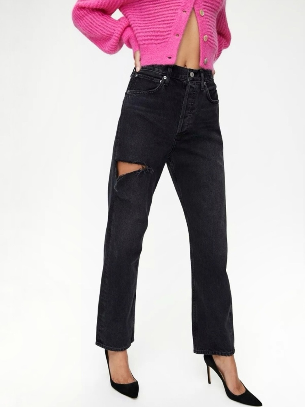 Agolde Black Straight-Leg High-Rise Jeans with Knee Rip Black size 24